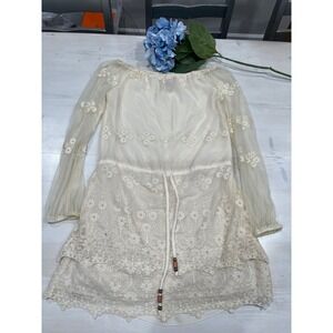 CHASER Embroidered‎ Lace Mini Dress Bohemian Drawstring Waist Cream M